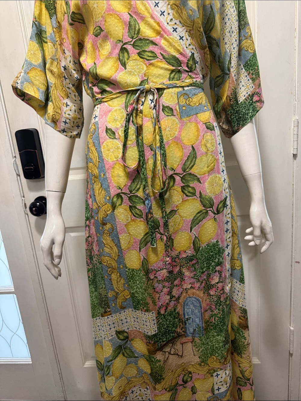 Aldo Martins Abstract Print Knit Tie Waist Midi Cardigan Dress Floral Lemons O/S - Picture 7 of 16